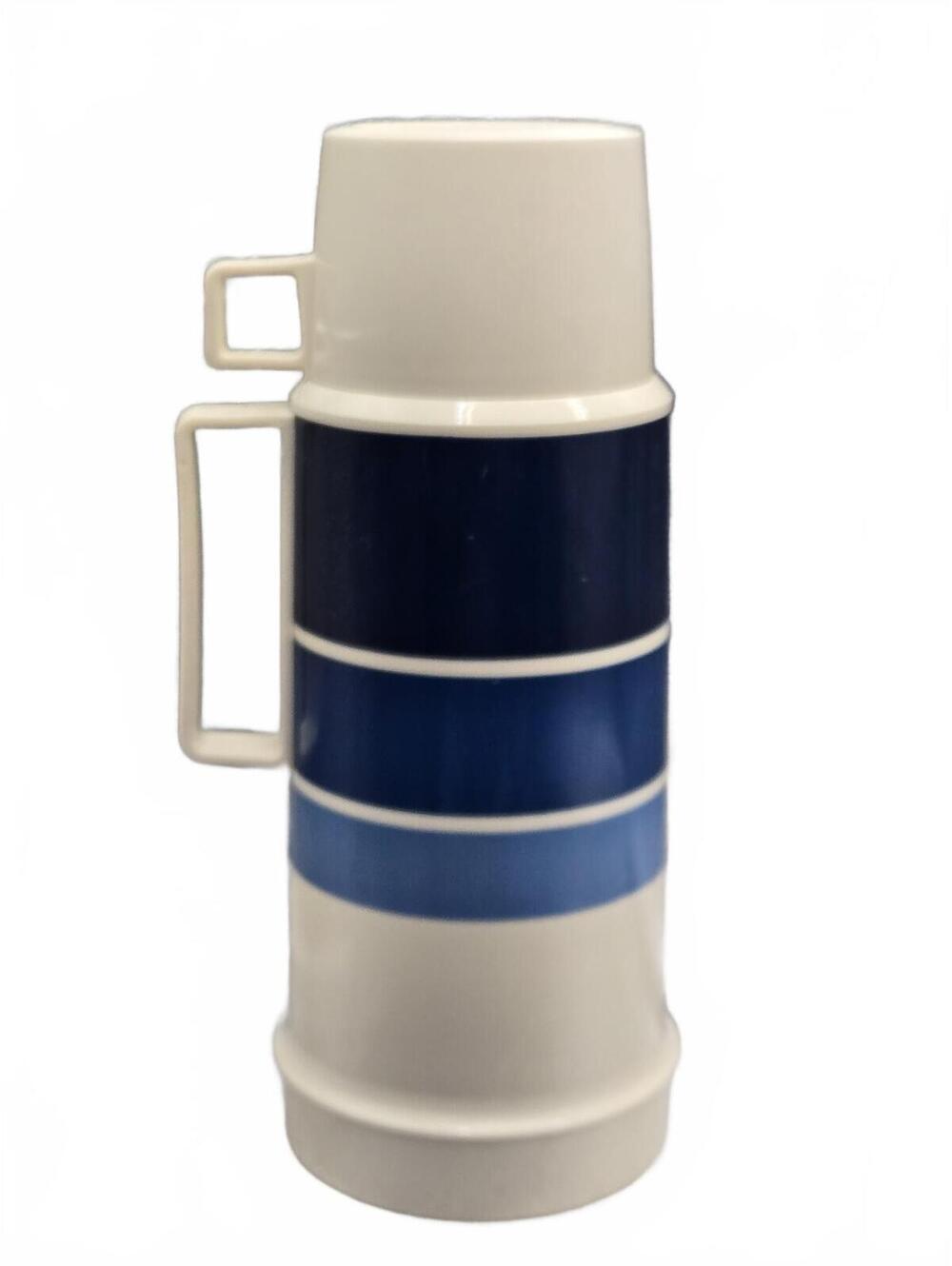 Vintage Thermos Bottle Blue Striped LARGE clean Complete 11.5"